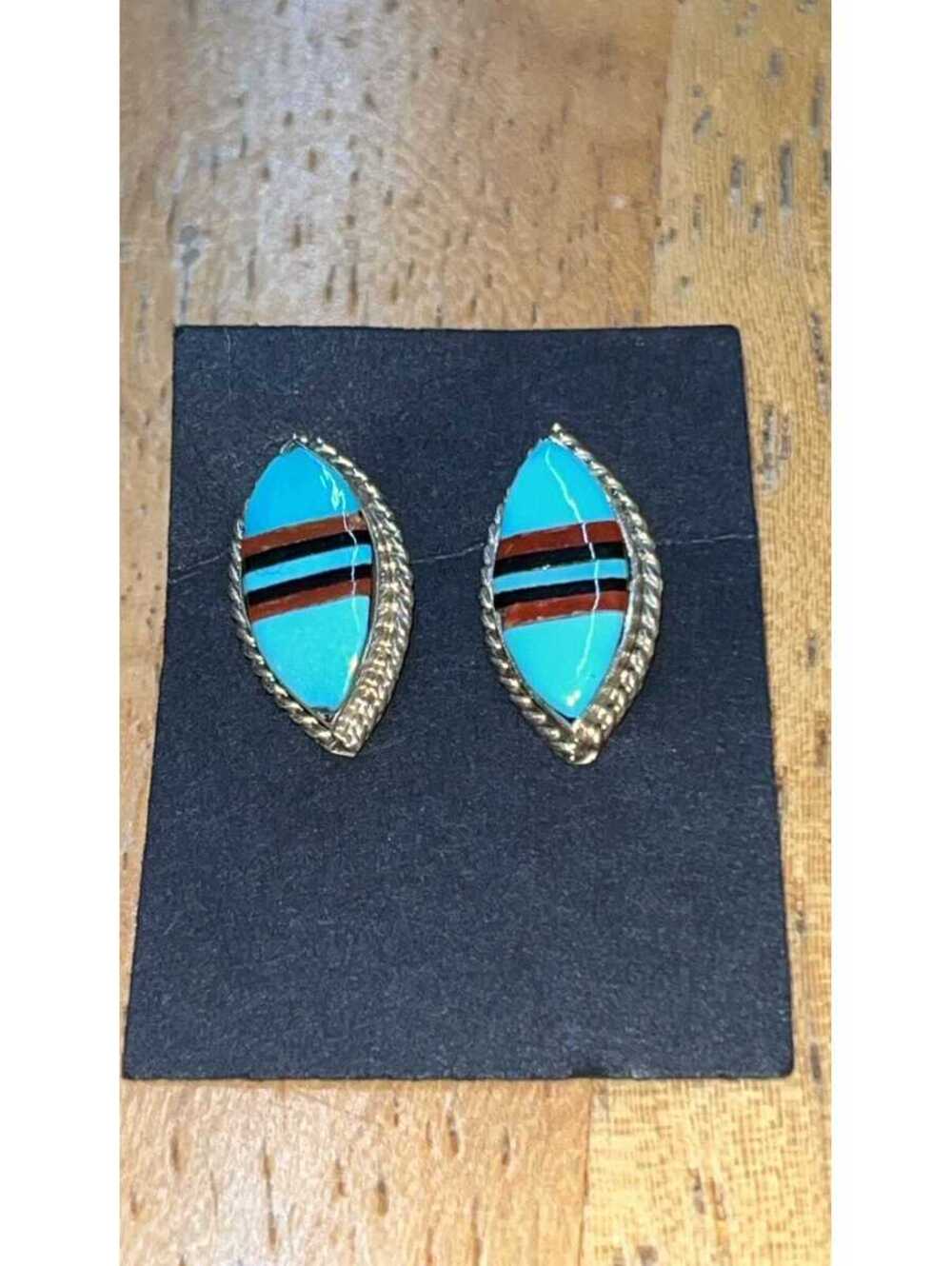 Native American Zuni sterling silver inlay turquoise coral onyx earrings